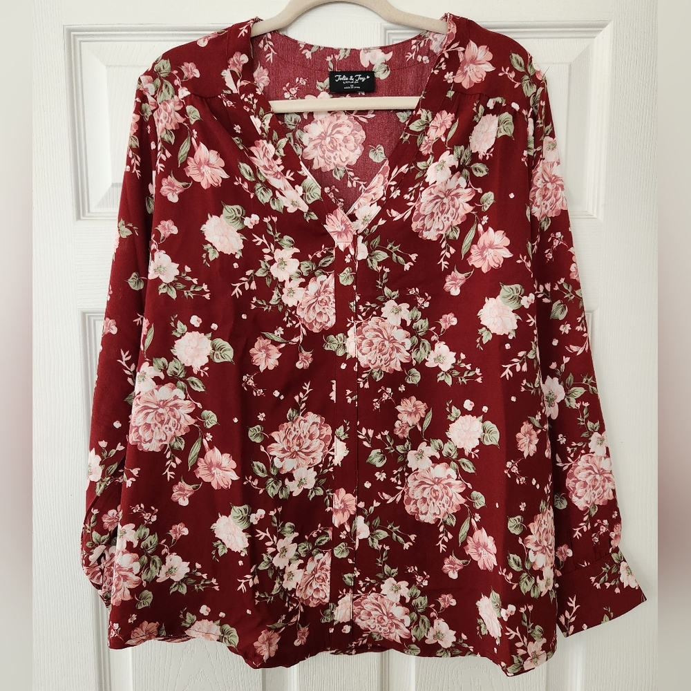 NWT Jolie & Joy Floral Blouse Maroon Pink